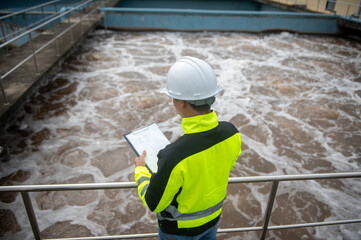 A wastewater treatment engineer is checking the operation of a water treatment system