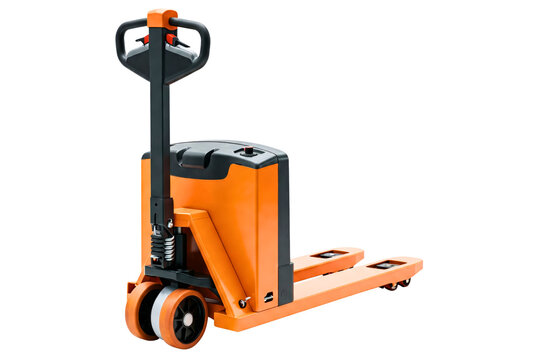 Orange electric-powered pallet jack for warehouse logistics isolated on a transparent background