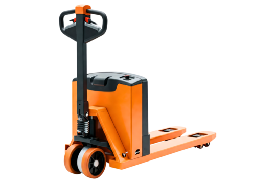 Orange electric-powered pallet jack for warehouse logistics isolated on a transparent background