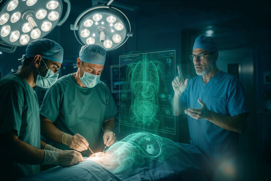 Two surgeons operate while a life-size consultant and transparent anatomy stream in real time over 6G IMT-2030; vital-sign HUD shows precision medicine.