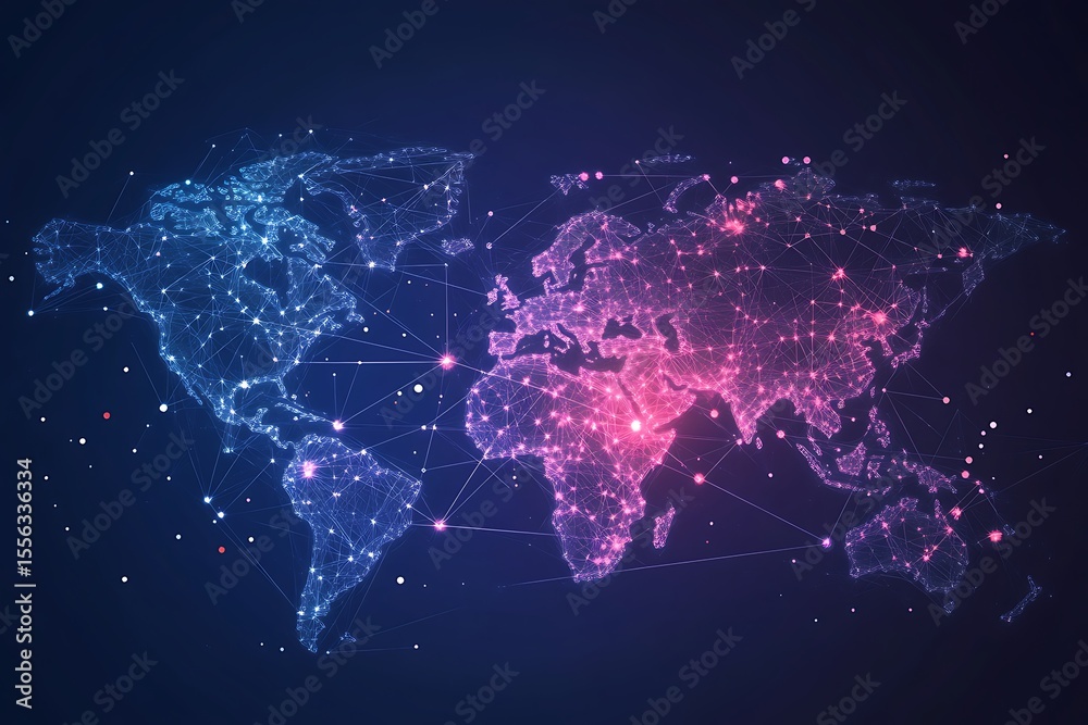 Poster World Map Global Network Connection with Luminous Dots on Dark Blue Background