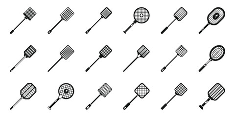 Fly swatter icons set. Different flyswatters ensuring a pest free environment, promoting cleanliness, and offering a variety of fly killing tools