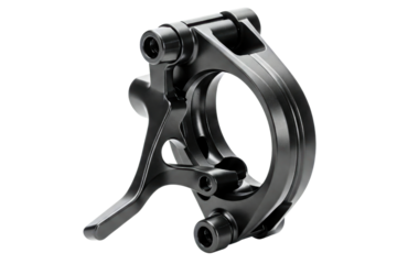 Custom milled black metal rear wheel steering knuckle upright isolated on a transparent background