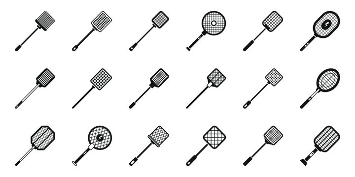 Fly swatter icons set. Different flyswatters ensuring a pest free environment, promoting cleanliness, and offering a variety of fly killing tools