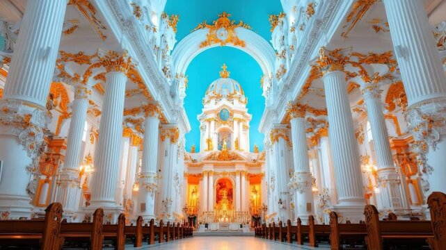 Baroque church architecture ornate white gold interior column dome religious sunlight grand historic European worship altar ceiling decorative spiritual majestic intricate art building culture