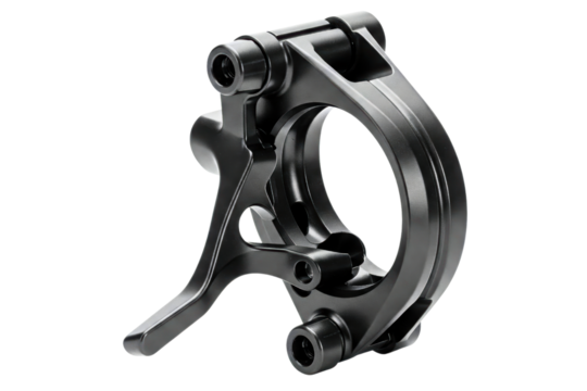 Custom milled black metal rear wheel steering knuckle upright isolated on a transparent background