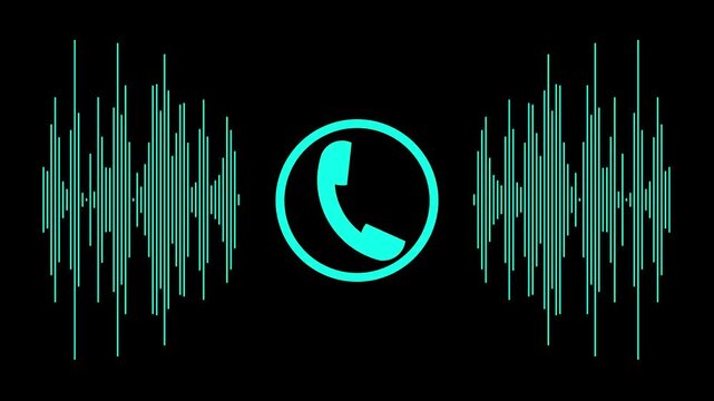call recording visual effect with audio spectrum animation on alpha background, green and red glowing squares with phone icon for two-person conversation, audio waveform, 4k