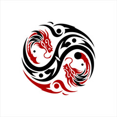 Yin Yang Dragon Tribal Design – Red and Black Asian Mythical Symbol Vector