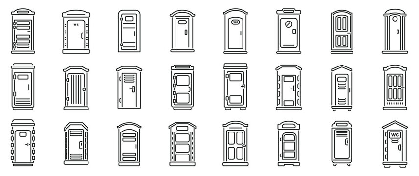 Bio toilet icons set. Portable toilet icons showcasing diverse designs, ideal for illustrating sanitation solutions at outdoor events, construction sites, and public spaces