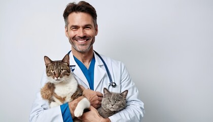 Kind male veterinarian holding two cats in his arms, veterinary services, white background with space for text