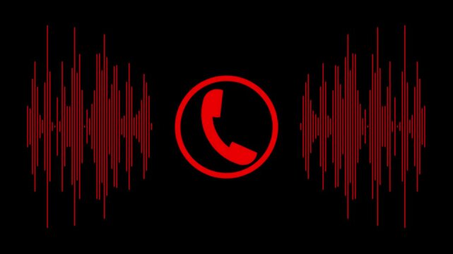 call recording visual effect with audio spectrum animation on alpha background, green and red glowing squares with phone icon for two-person conversation, audio waveform, 4k