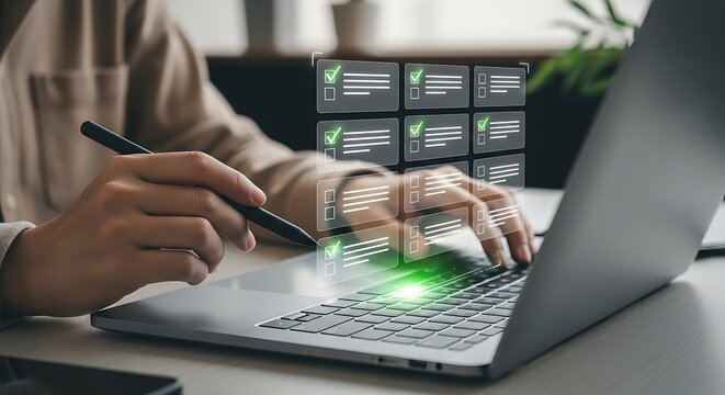 Person working on a laptop with a digital checklist interface