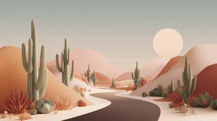 Minimalist desert highway at dusk surrounded by  botanical structures mimicking native cacti, pastel earth tone palette with soft orange, terracotta, and pale olive gradients. 