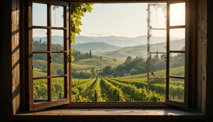 Fototapeta premium Sunny Hills and Fields Through Rustic Frame