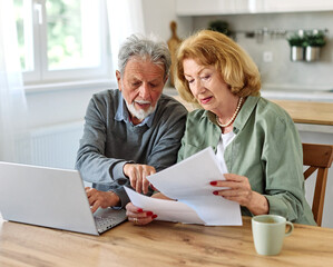 Senior couple checking bills and calculating expenses using a laptop during a breakfast in the...