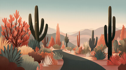 Minimalist desert highway at dusk surrounded by  botanical structures mimicking native cacti, pastel earth tone palette with soft orange, terracotta, and pale olive gradients. 