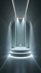 Obraz premium Modern minimalist product display: serene, arched alcove with illuminated steps and subtle blue tones.