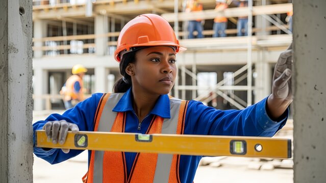 A focused African American black female construction worker inspecting a concrete wall with a level in a construction site
