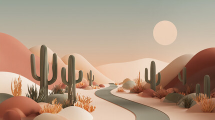 Minimalist desert highway at dusk surrounded by  botanical structures mimicking native cacti, pastel earth tone palette with soft orange, terracotta, and pale olive gradients. 