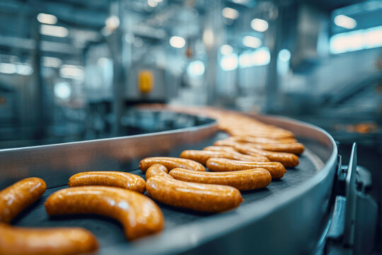 Production of meat sausages. Meat factory and industry.