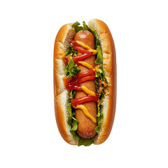 Delicious Hot Dog with Ketchup Mustard and Lettuce in Soft Bun isolated on a transparent background hotdog