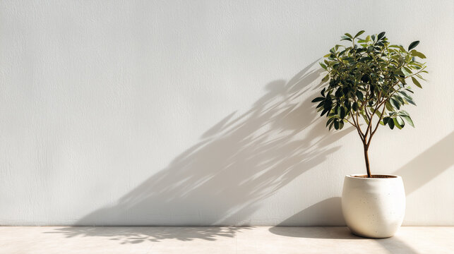 Olive Green Plant in White Pot Against a White Wall in Sunlight