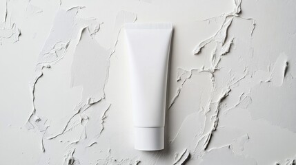 White cosmetic tube placed on textured white background, showcasing minimalist design and clean aesthetic, ideal for beauty product branding and packaging mock up
