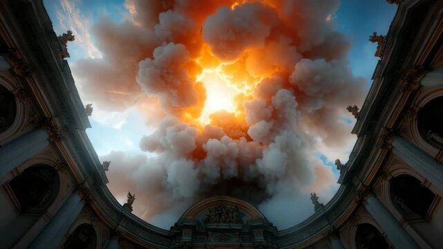 Explosion Fire and Smoke Cloud Over Historic Baroque Architecture Building, Intense Sky Disaster Scene with Dramatic Orange Light and Surreal Urban Destruction Atmosphere