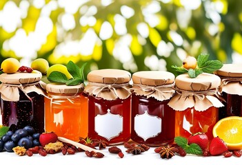 Jars of homemade jam with labels for inscriptions, home canning