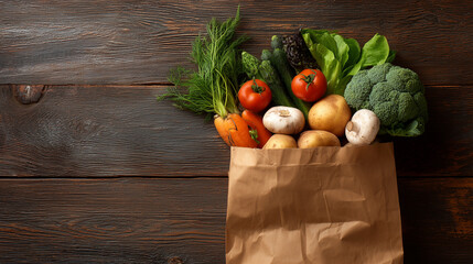 A  Brown Paper Bag Filled with Assorted vegetables on Wooden Background