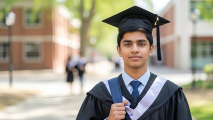 youthful Indian graduate teen boy celebrating academic milestone on university campus