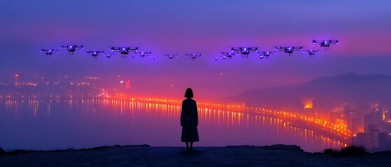 Silhouette figure overlooking city at dusk with drones