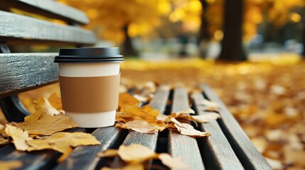 Coffee cup placed on a wooden bench surrounded by fallen autumn leaves, creating a warm and inviting atmosphere in a tranquil outdoor setting