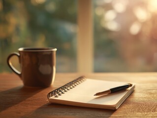 Open spiral notebook on a desk with pen, coffee mug, and soft morning lighting
