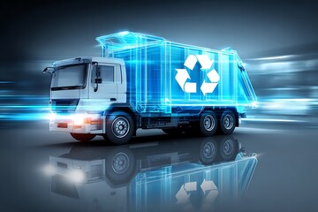 Futuristic recycling truck, digital outline, moving
