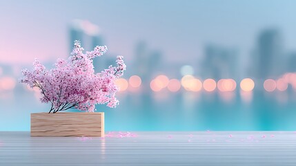 Pink cherry blossoms in wooden planter by a city