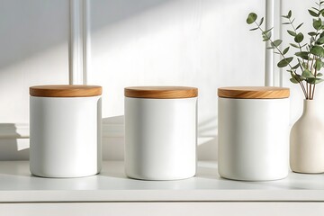 Three White Cylindrical Canisters with Wooden Lids and Eucalyptus