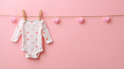 Tiny baby onesie with heart pattern hanging on a mini clothesline, placed on the left side of a pastel pink background, sweet and clean with space on the right for baby shower message 