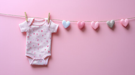 Tiny baby onesie with heart pattern hanging on a mini clothesline, placed on the left side of a pastel pink background, sweet and clean with space on the right for baby shower message 