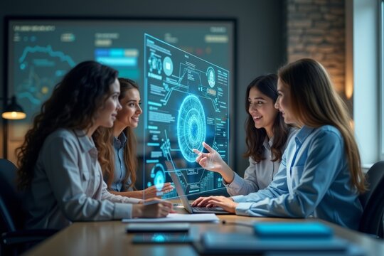 Diverse group of professionals utilize holographic screens and AI technology to streamline project management on a hybrid business laptop.