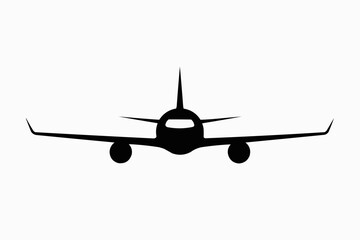 Airplane icon. Passenger airliner. Black silhouette. Front view. Vector simple flat graphic illustration. The isolated object on a white background. Isolate.