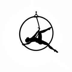 Silhouette of an acrobat performing a daring move in a circus on white background