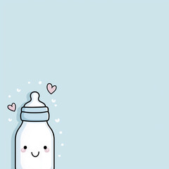  baby bottle placed on the left side of a pastel blue background, minimal cute design with space on the right for baby shower text