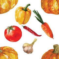  Seamless Watercolor Autumn Vegetable Pattern.