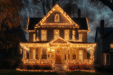 Fototapeta premium A large two-story home with lights wrapped around the roof and all over the front of it