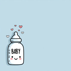 baby bottle placed on the left side of a pastel blue background, minimal cute design with space on the right for baby shower text