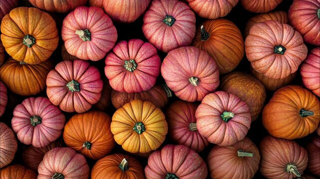 Colorful pumpkins arranged in a festive autumn background with harvest and Thanksgiving themes, featuring warm seasonal tones and decorative elements