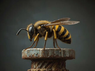 Vivid Hornet on Textured Surface: A striking close-up of a hornet perched atop a weathered, textured surface. Its intricate features and striking colors create a captivating composition.