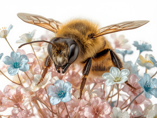 Bee on Delicate Bloom: A close-up view of a bee poised gracefully upon a cluster of delicate blooms. The image captures the essence of pollination, natural beauty.