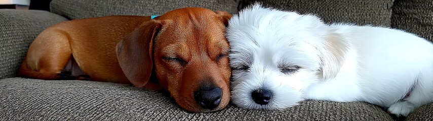 Two sleepy puppies snuggled together